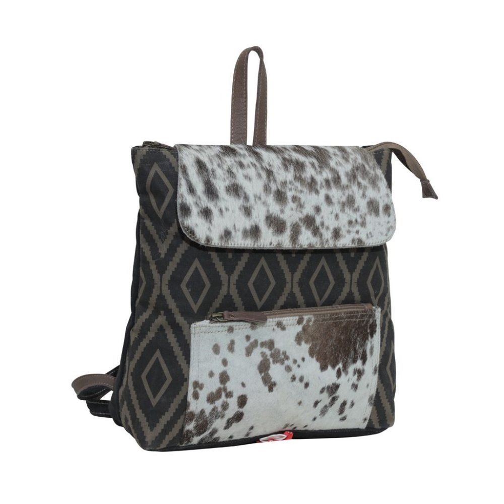Myra Bag Handmade Mocha Backpack Upcycled Canvas & Cowhide Leather - Picture 4 of 10